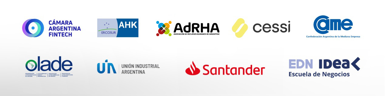 Logos de organizaciones partners: Cámara Argentina Fintech, Ercosur/AHK, ADRA, CESSI, CAME, OLADE, Unión Industrial Argentina, Santander